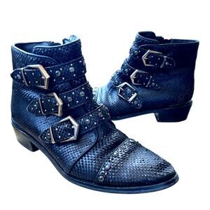 Alma en Pena Black Leather Triple Buckle Ankle Boots Studded Western Style EU 40